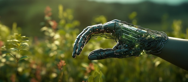 human arm covered with grass and lush and robotic hand