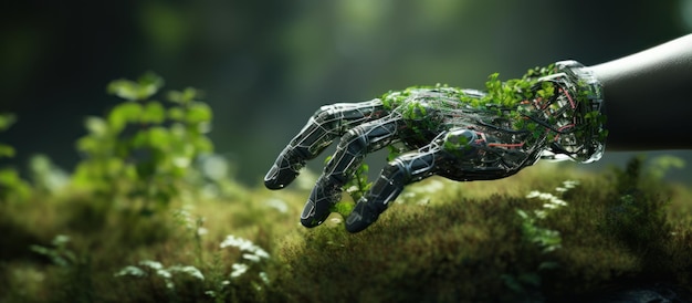 human arm covered with grass and lush and robotic hand