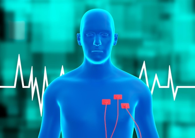 Human body blue hologram Cardiac arrhythmia lack of rhythm in the heartbeat 3D illustration