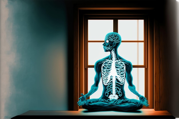 Human body meditating in Lotus pose against window.