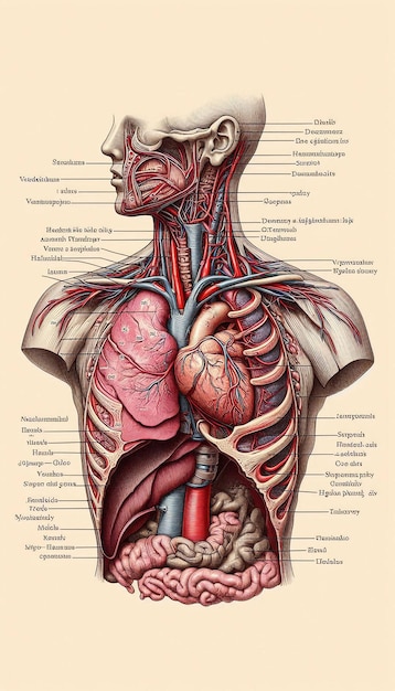 Photo a human body with the organs labeled with the name of the body