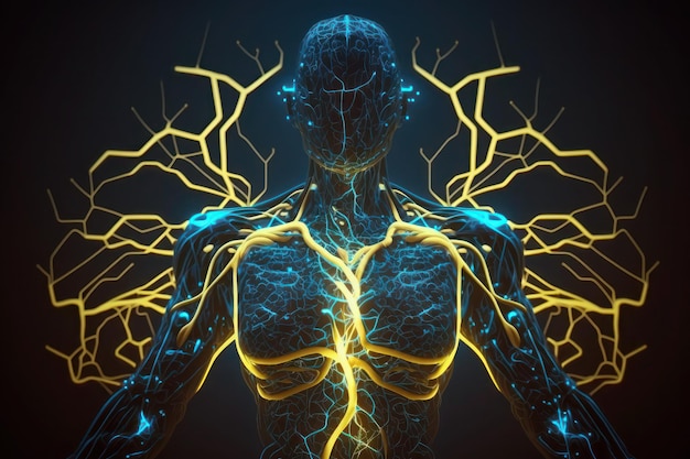 Human brain and body glowing blue lines neural connections artificial intelligence cyberspace AI Generative