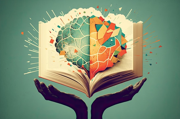 Human brain on a book and color background Minimal abstract concept of school culture intelligence reading or education Charger for brain idea Generative AI