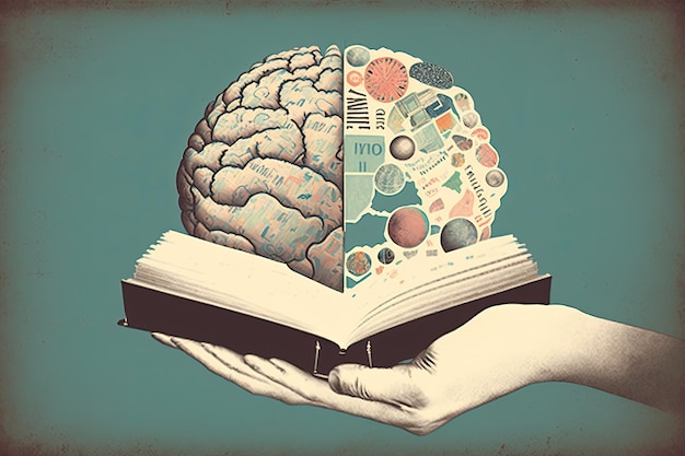 Human brain on a book and color background Minimal abstract concept of school culture intelligence reading or education Charger for brain idea Generative AI