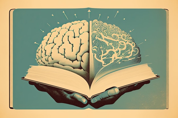 Human brain on a book and color background Minimal abstract concept of school culture intelligence reading or education Charger for brain idea Generative AI