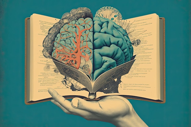 Human brain on a book and color background Minimal abstract concept of school culture intelligence reading or education Charger for brain idea Generative AI