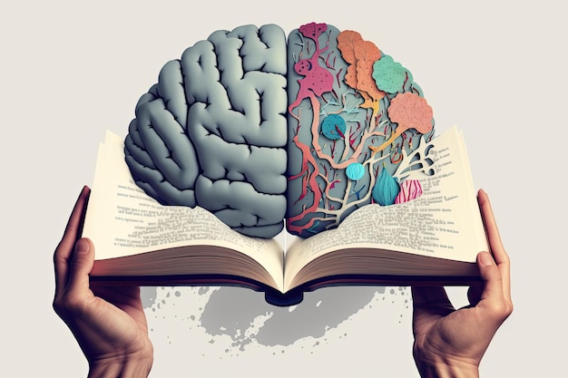 Human brain on a book and color background Minimal abstract concept of school culture intelligence reading or education Charger for brain idea Generative AI