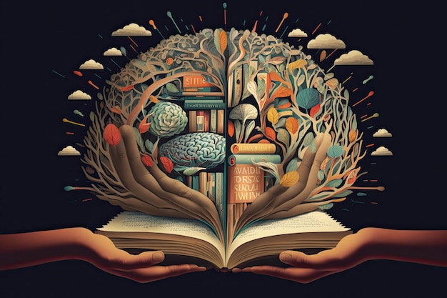 Human brain on a book and color background Minimal abstract concept of school culture intelligence reading or education Charger for brain idea Generative AI