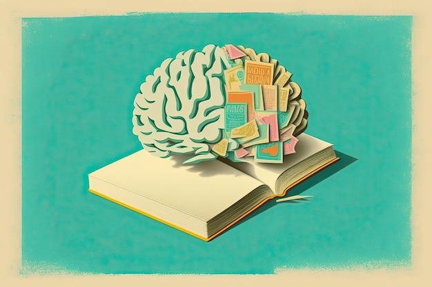 Human brain on a book and color background Minimal abstract concept of school culture intelligence reading or education Charger for brain idea Generative AI