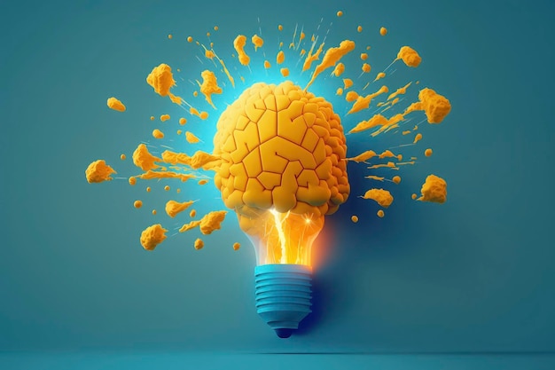 Human brain concepts of yellow light bulb blasting off on blue backgroundCreativity of human 3d render and illustration