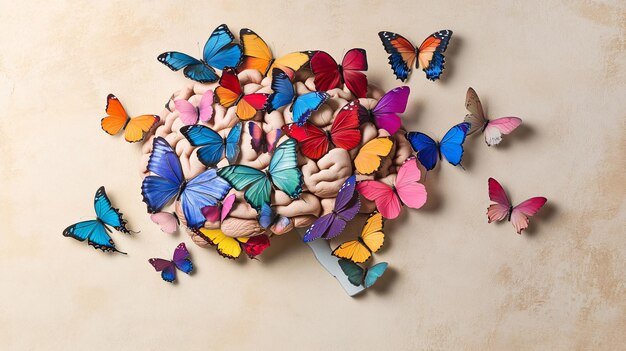 Human brain covered in colorful butterflies representing thoughts and ideas