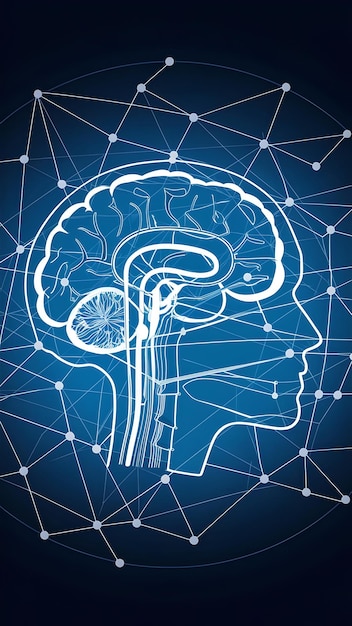 a human brain drawn on a blue background with a brain drawn by a line drawing