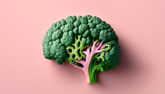 Human brain in the form of green broccoli on a pink background top view World brain day Healthy body