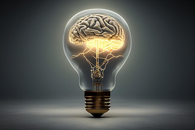 Human brain inside of light bulb on grey background 3D rendering generative ai