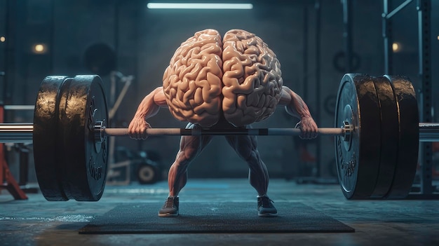 The human brain lifts a barbell symbolizing mental strength against the backdrop of the gym