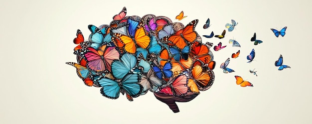 Human brain made of colorful butterflies taking flight