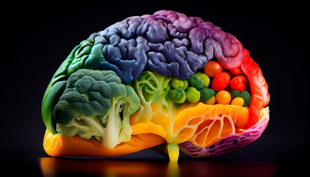 Human brain made of variety of colorful vegetables concept of vegetarian vegan healthy nutrition AI generative