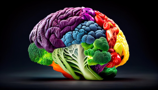 Human brain made of variety of colorful vegetables concept of vegetarian vegan healthy nutrition AI generative