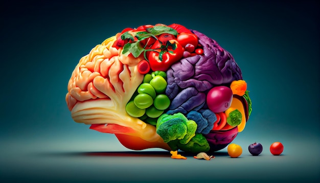 Human brain made of variety of colorful vegetables concept of vegetarian vegan healthy nutrition AI generative