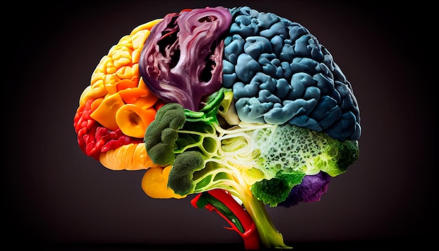 Human brain made of variety of colorful vegetables concept of vegetarian vegan healthy nutrition AI generative