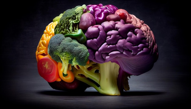 Human brain made of variety of colorful vegetables concept of vegetarian vegan healthy nutrition Generative AI