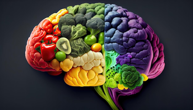 Human brain made of variety of colorful vegetables concept of vegetarian vegan healthy nutrition World Health Day the key to global wellness