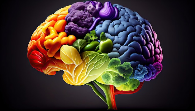 Human brain made of variety of colorful vegetables concept of vegetarian vegan healthy nutrition World Health Day the key to global wellness