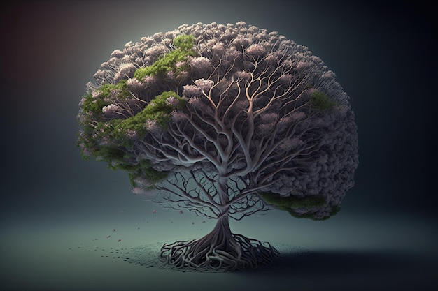 Human brain represented by a blossom tree on a dark background Generative AI