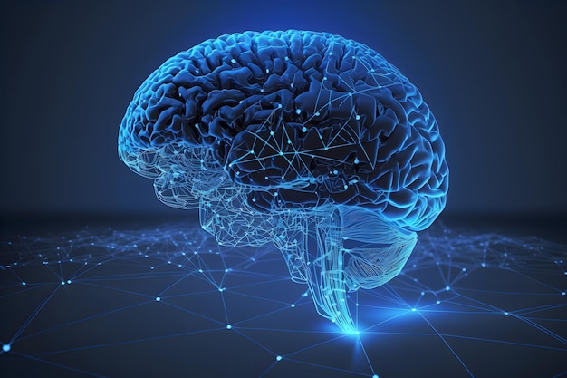 Human brain shape of an artificial intelligence with line dots on dark blue color background Digital technology brain concept Neural network AI generated