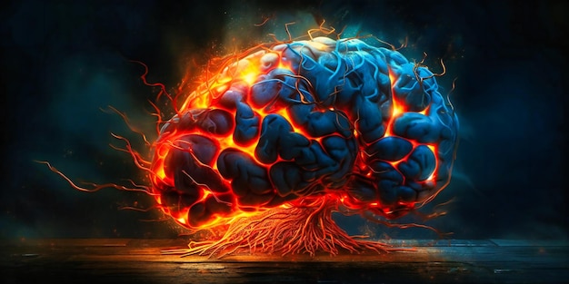 The human brain sitting on a dark background with hot orange and blue lights