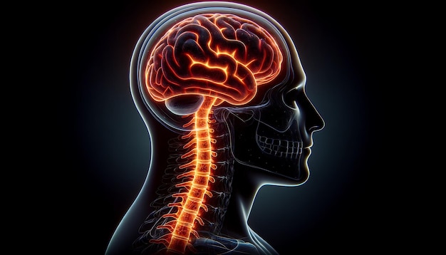 human brain and spinal cord displayed in a digital and futuristic style