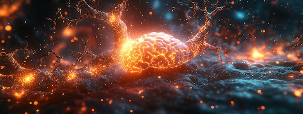 Human brain stimulation or activity with neuron closeup 3D rendering illustration Neurology