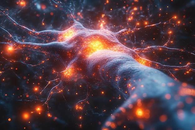 Human brain stimulation or activity with neuron closeup 3D rendering illustration Neurology