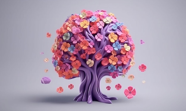 Human Brain Tree With Flowers generative ai