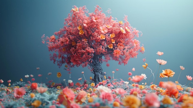 The human brain tree with flowers represents selfcare and mental health positive thinking to develop a creative mind and to develop generative AI