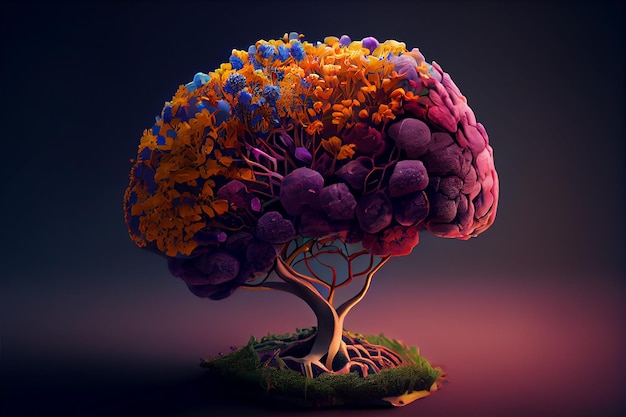 Human brain tree with flowers self care and mental health concept generative AI