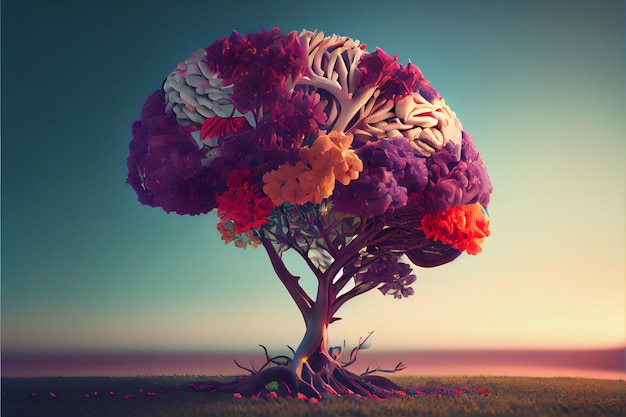 Human brain tree with flowers self care and mental health concept generative AI