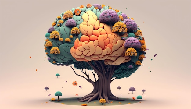 Human brain tree with flowers self care and mental health concept Generative AI