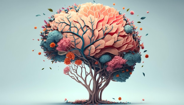 Human brain tree with flowers self care and mental health concept Generative AI