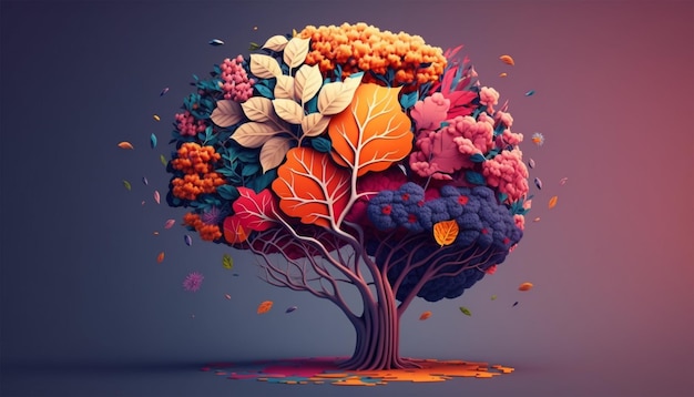 Human brain tree with flowers self care and mental health concept Generative AI