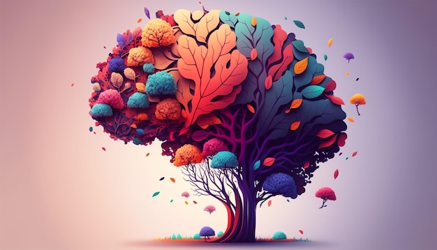 Human brain tree with flowers self care and mental health concept Generative AI