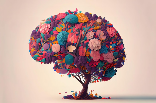 Human brain tree with flowers self care and mental health concept Generative Ai