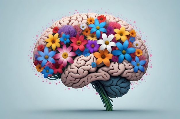 Human brain with colorful flowers blooming on top