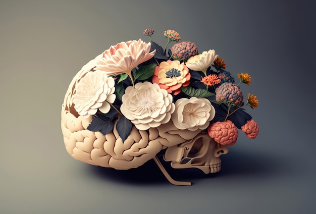 Human brain with flowers health concepterative ai