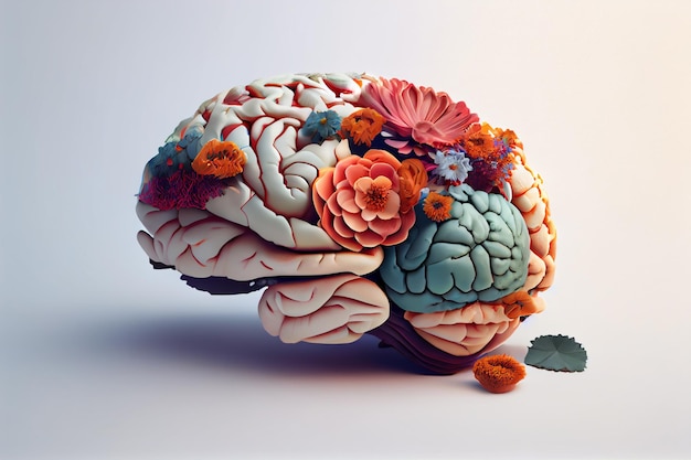 Human brain with flowers self care and mental health concept Generate Ai