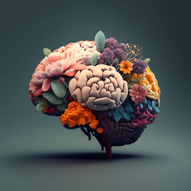 Human brain with flowers self care and mental health concept Generative AI