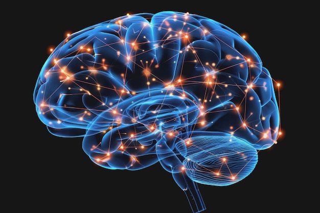 A human brain with interconnected circuits and glowing lines