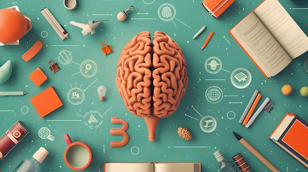 Human Brain with Learning and Education Objects on a Green Background