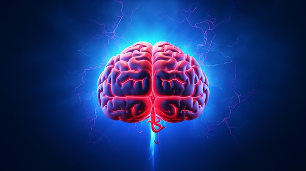 Human brain with thunderbolt on blue background illustration