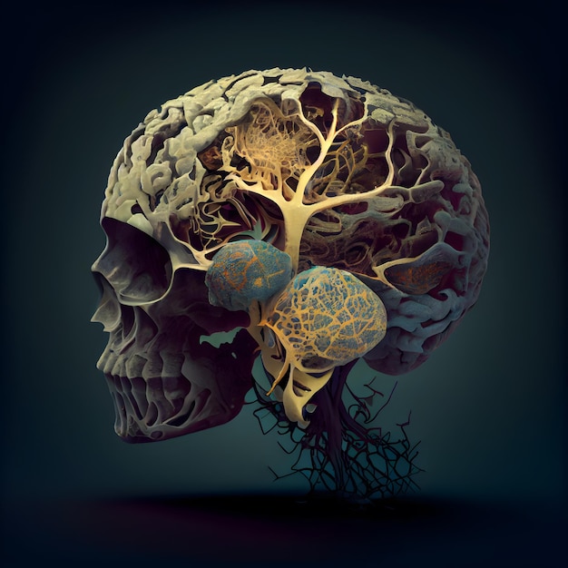 Human brain with a tree in the center 3D illustration